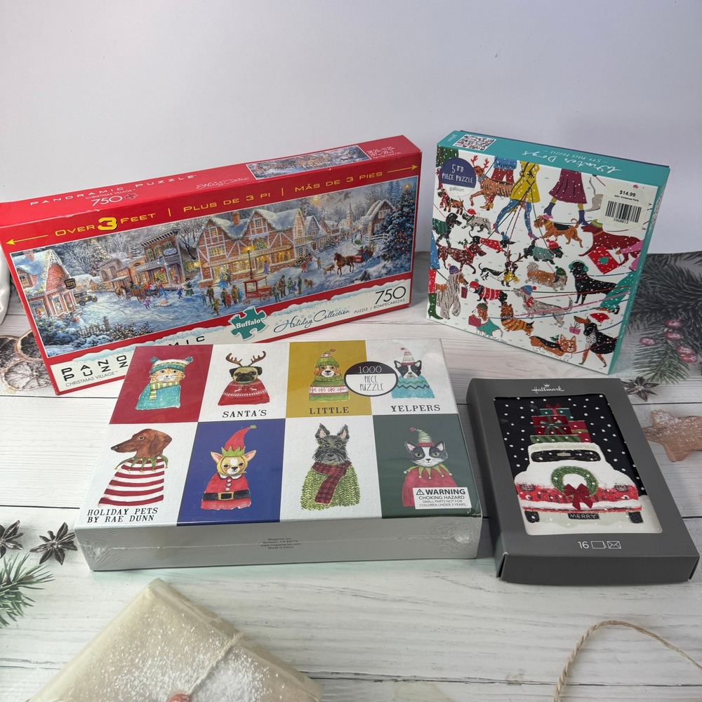 Christmas Family Fun Bundle Lot – 3 Holiday Puzzles Hallmark Christmas Cards